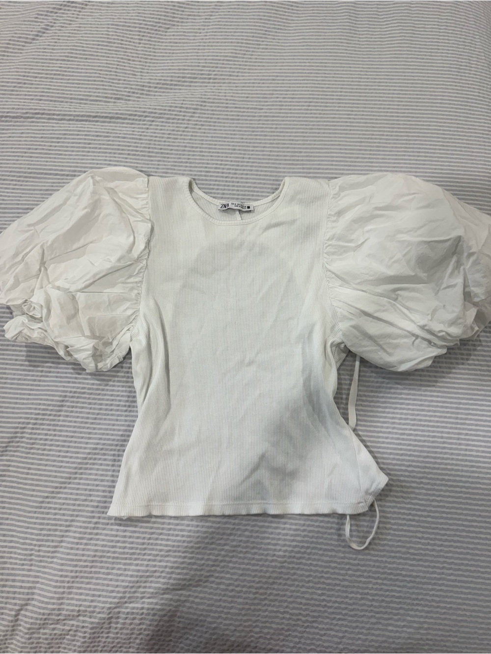 Zara White Puff Sleeve Ribbed Tee